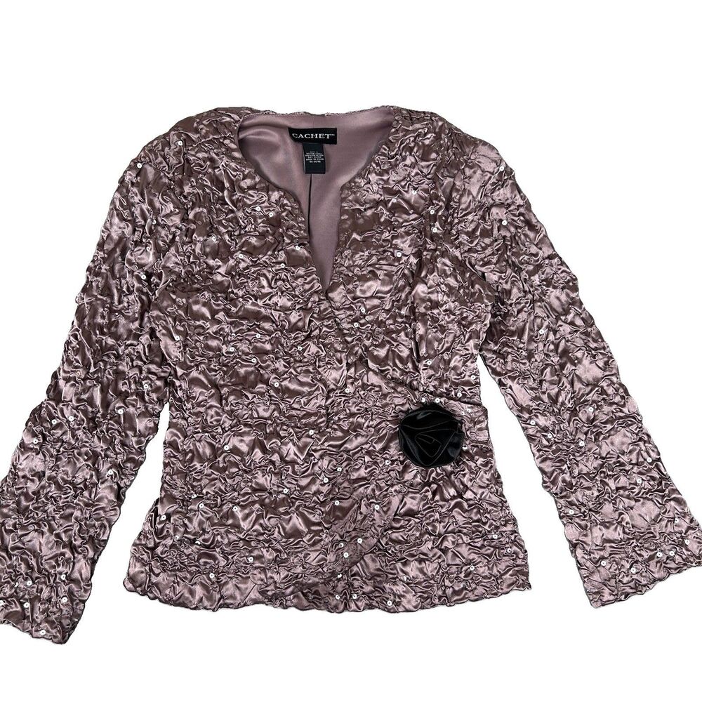 Cachet formal taupe blouse sequins crinkled shirred zip back Y2K Sz S